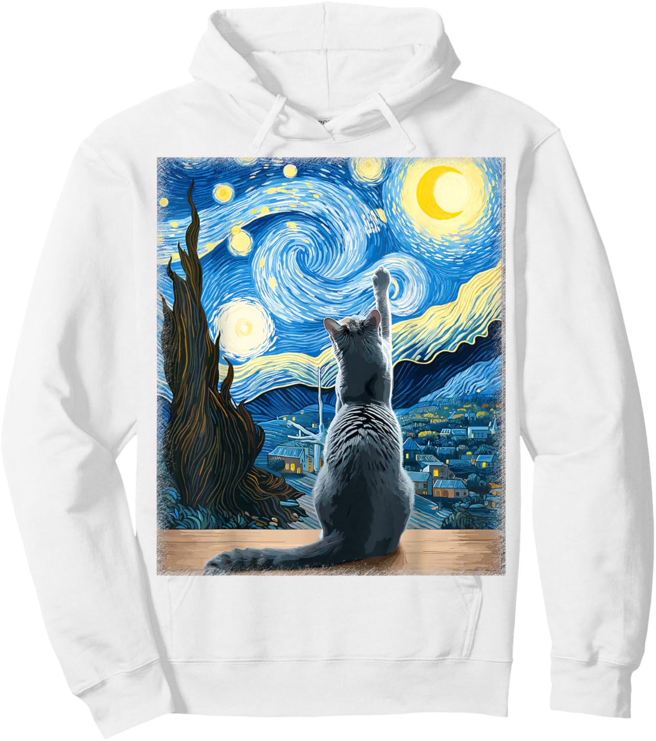 Van Gogh Starry Night Style Artistic Russian Blue Cat Hoodie - Hoodie | White