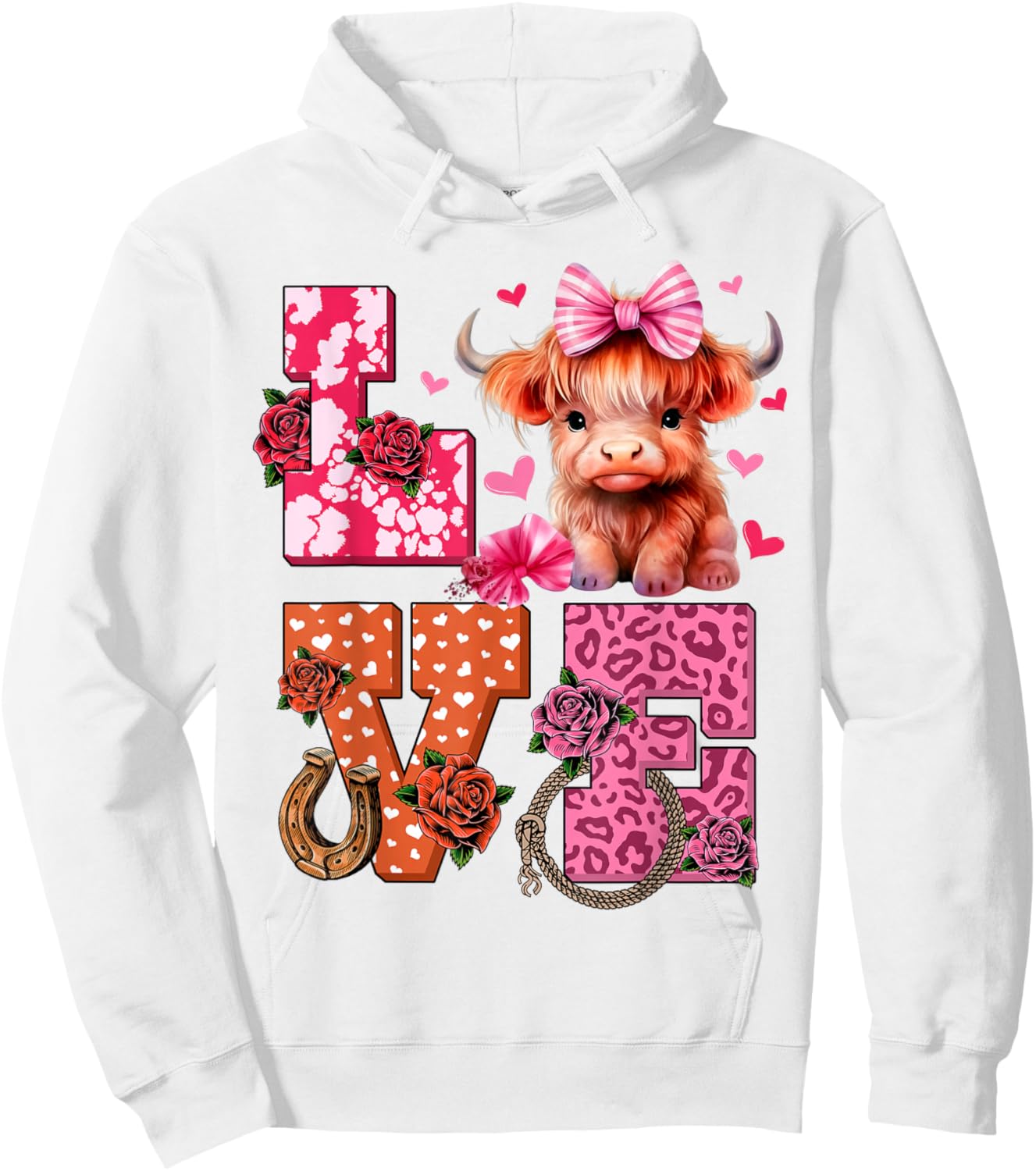 Cute Highland Cow And Pink Heart Valentines Day Love Leopard Hoodie - Hoodie | White