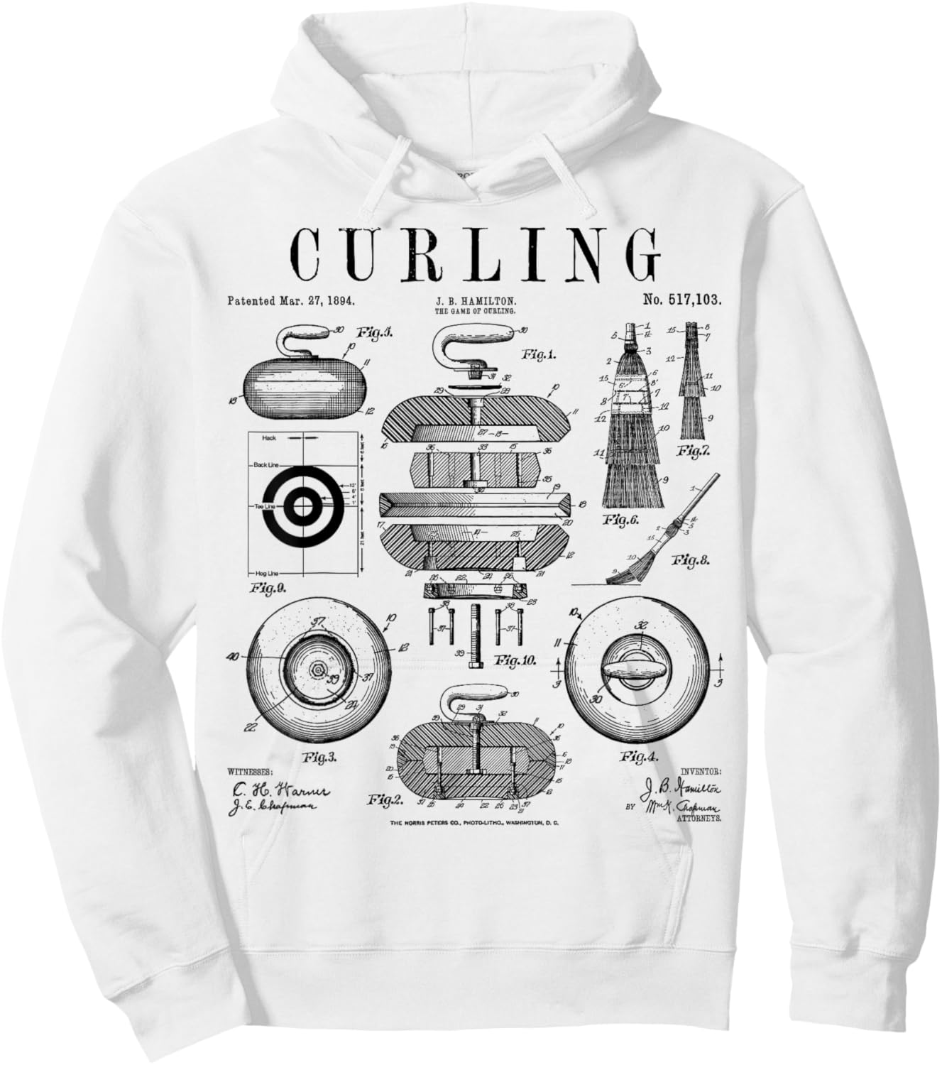 Curling Stone Player Curler Winter Sports Vintage Patent Hoodie - Hoodie | White