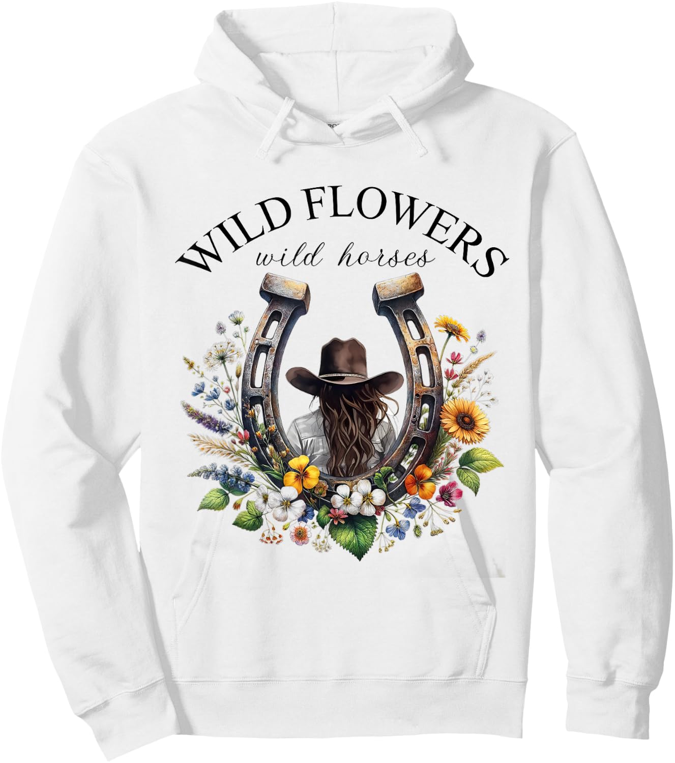 Retro Southern Sunset Cowgirl Wild Flowers - Wild Horses Hoodie - Hoodie | White