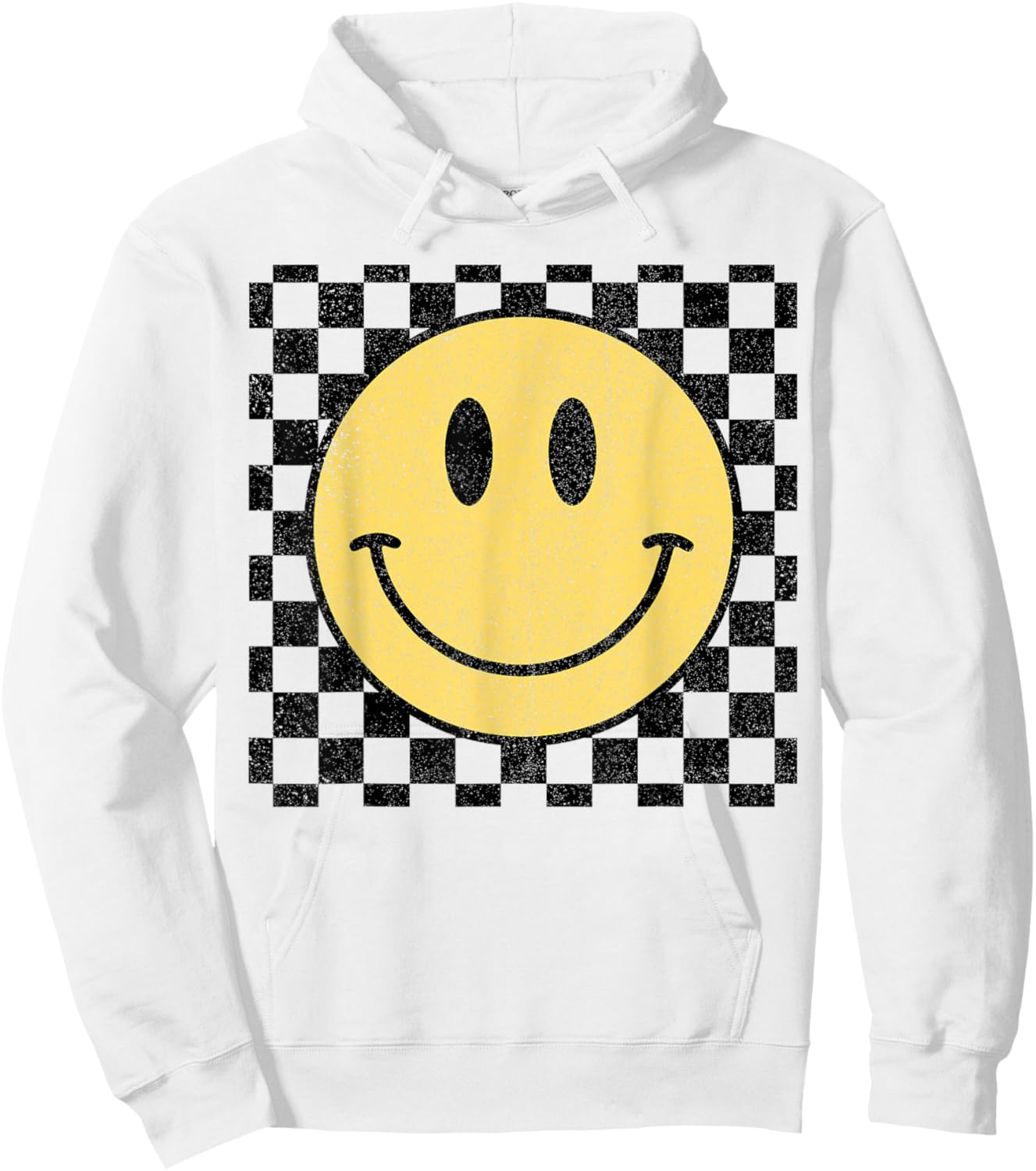 Retro Happy Face Distressed Checkered Pattern Smile Face Hoodie - Hoodie | White
