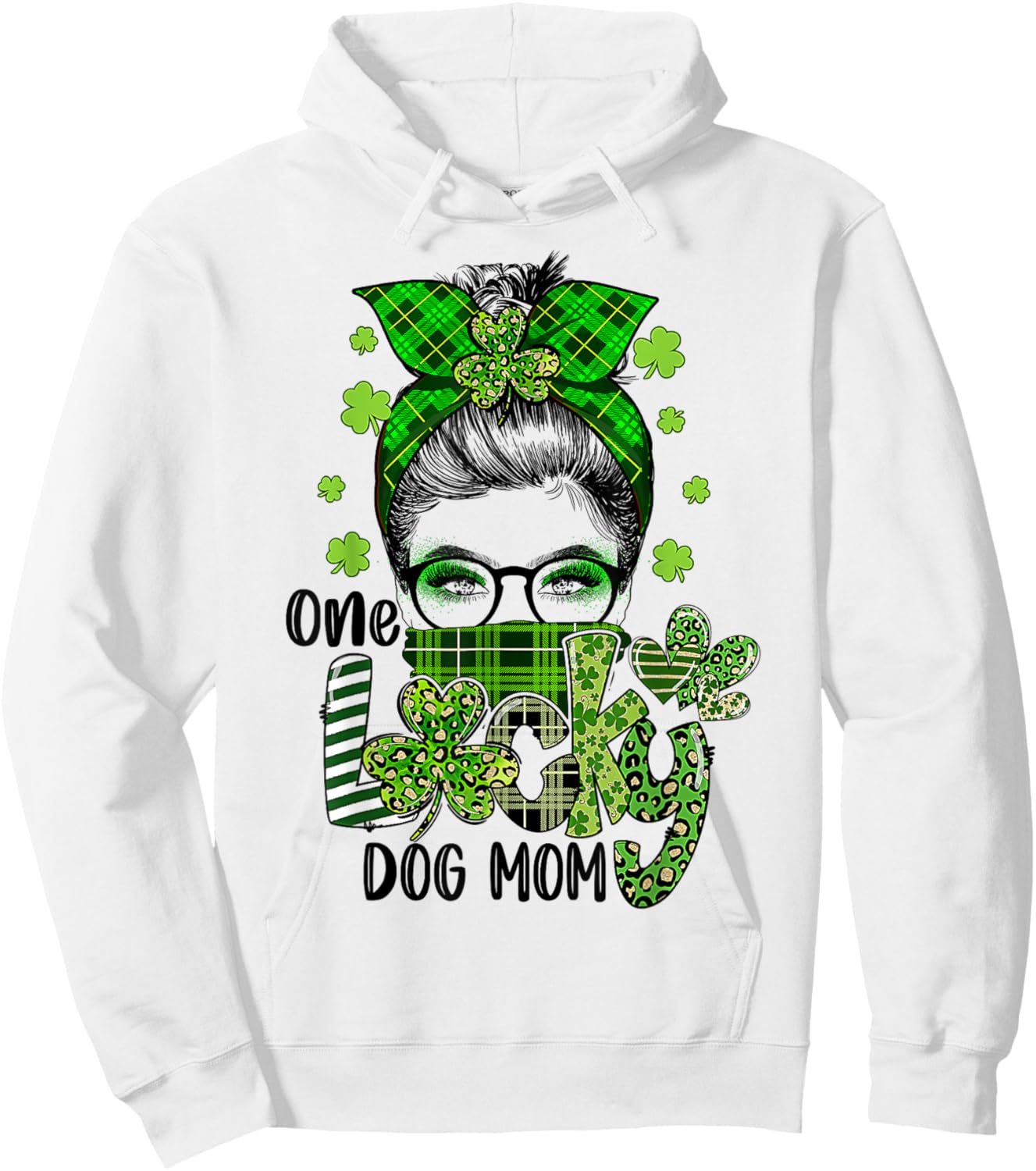 Shamrock Dog Mom One Lucky Messy Bun Funny St Patrick Day Hoodie - Hoodie | White