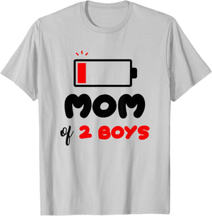 Mom of 2 Boys Low Battery Mommy of Two Boys Funny Mother T-Shirt - T-Shirt | Ash