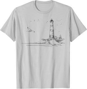 Seaside Lighthouse Nautical Sketch Art T-Shirt - T-Shirt | Ash