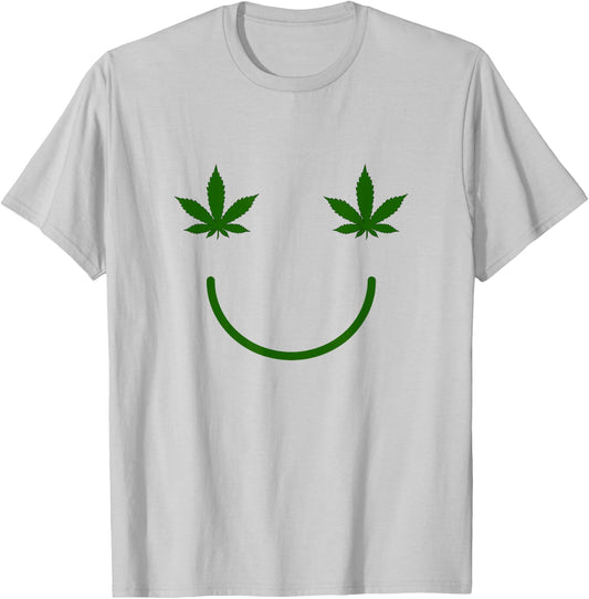 Weed Happy Face, Funny Smiling Pot Leaf T-Shirt - T-Shirt | Ash