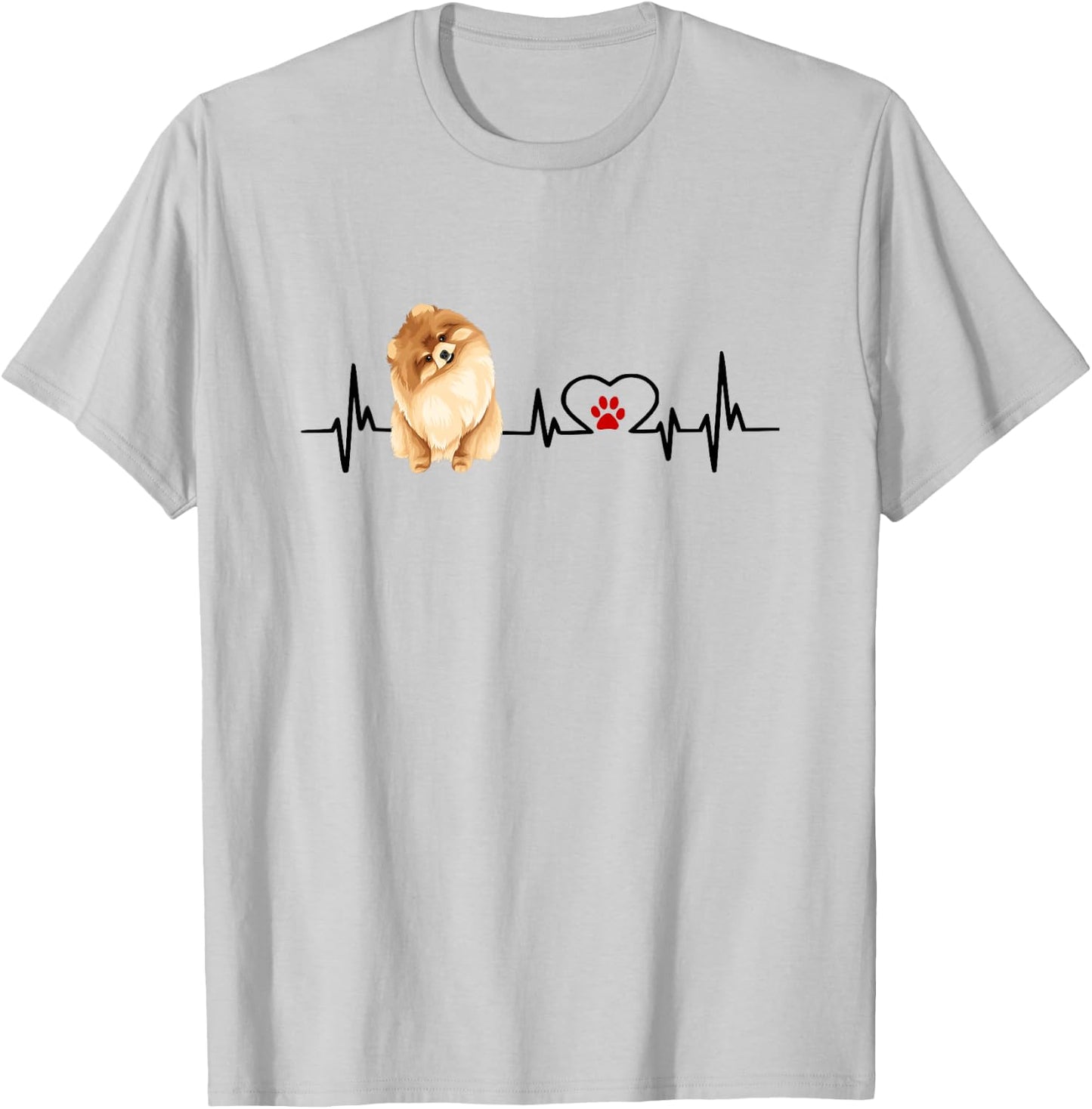 Pomeranian EKG Heartbeat Heart Line With Paw Print T-Shirt - T-Shirt | Ash