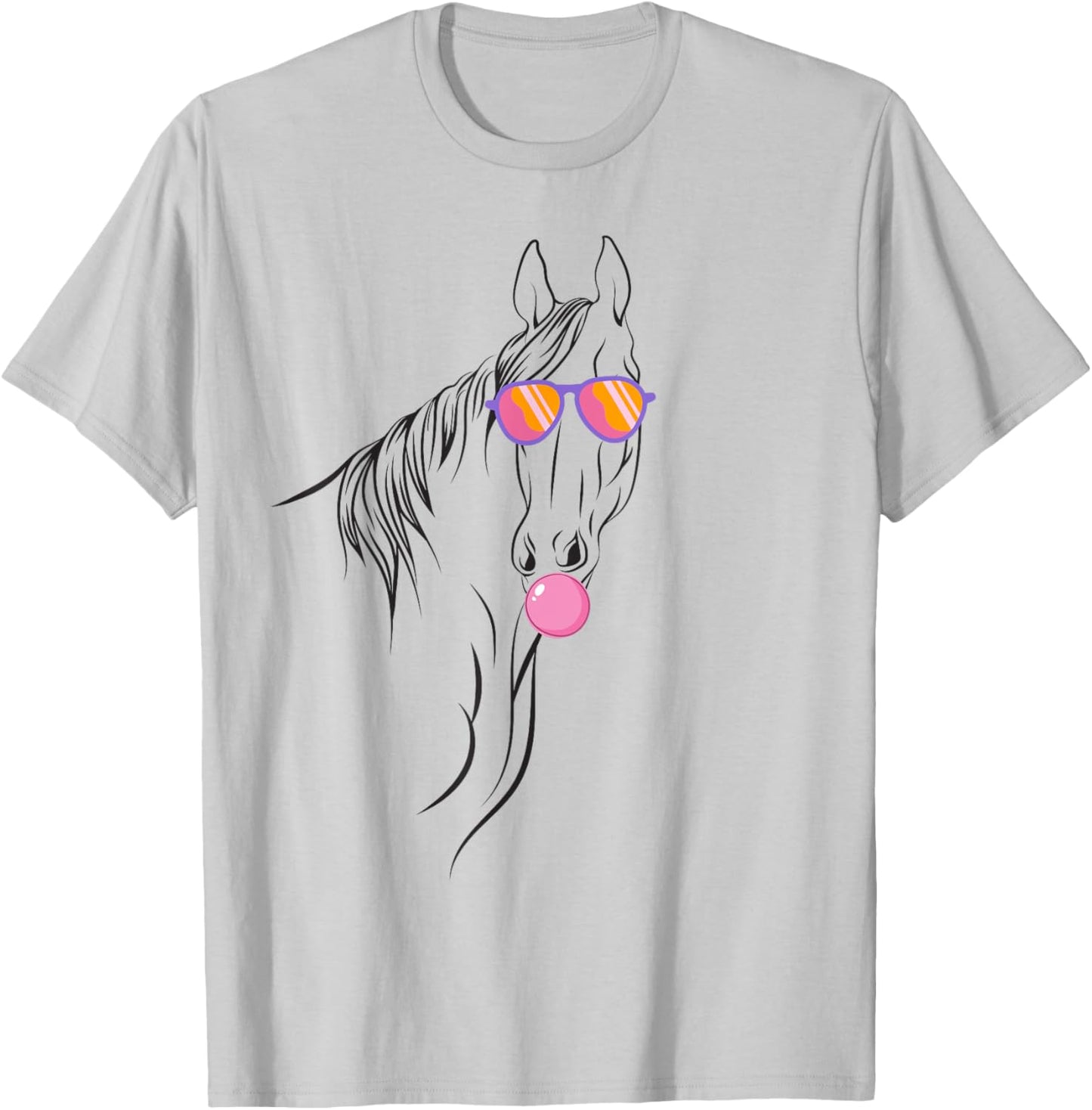 Horse with Bubble Gum and Sunglasses Funny Animal Portrait T-Shirt - T-Shirt | Ash