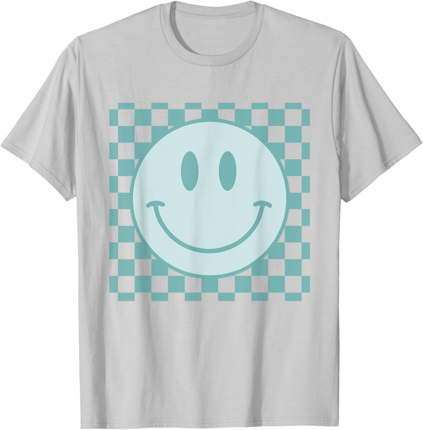 Retro Happy Face Checkered Pattern Smile Face Trendy T-Shirt - T-Shirt | Ash