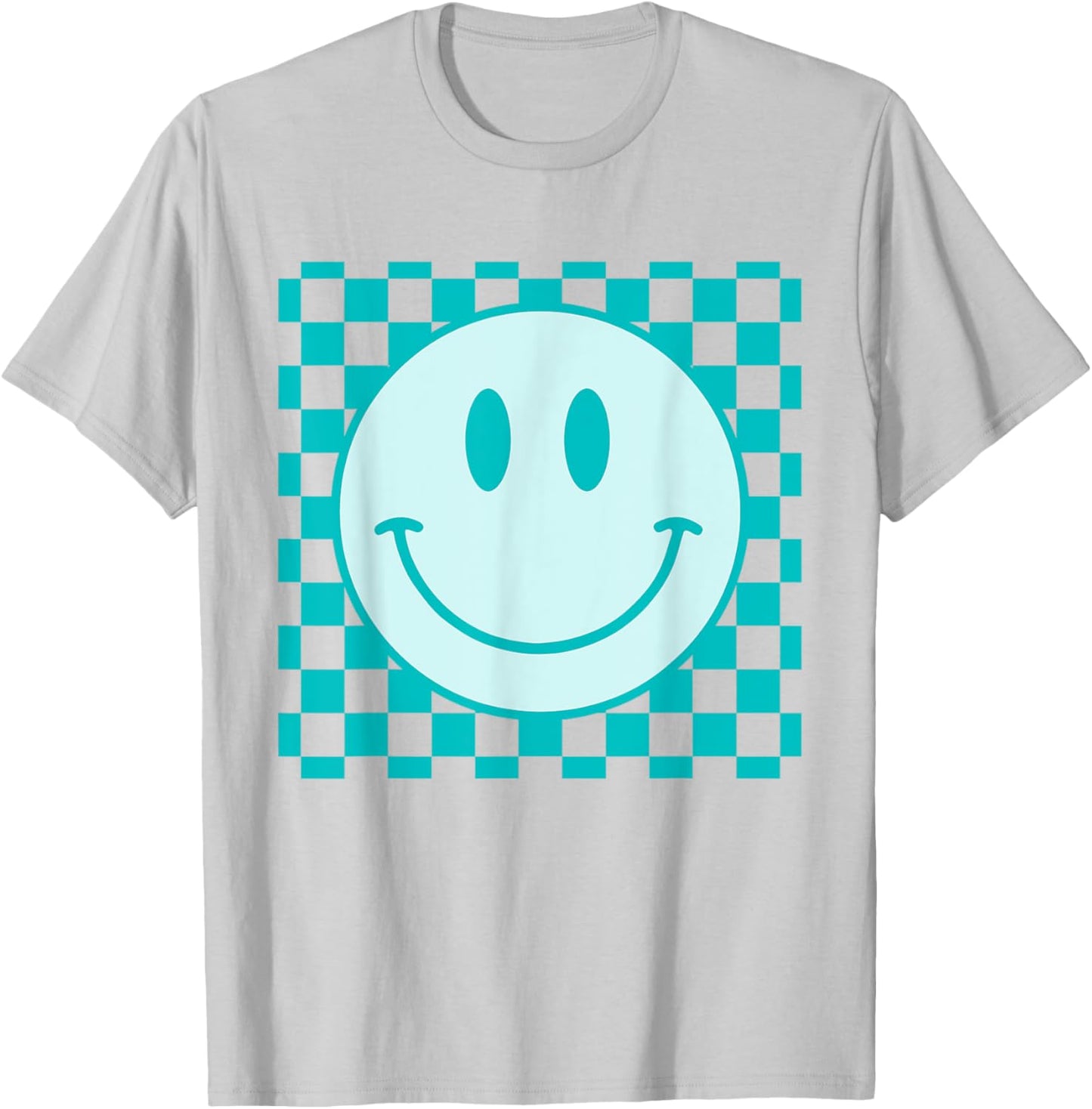 Retro Happy Face Shirt Checkered Pattern Smile Face Trendy T-Shirt - T-Shirt | Ash