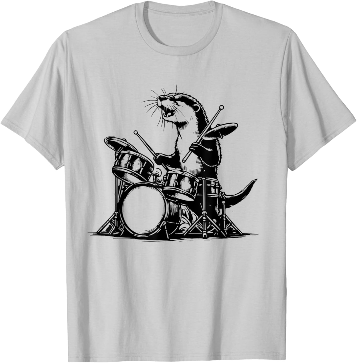 Otter Drummer Rock Retro Drummer Sea Otter Playing Drums T-Shirt - T-Shirt | Ash