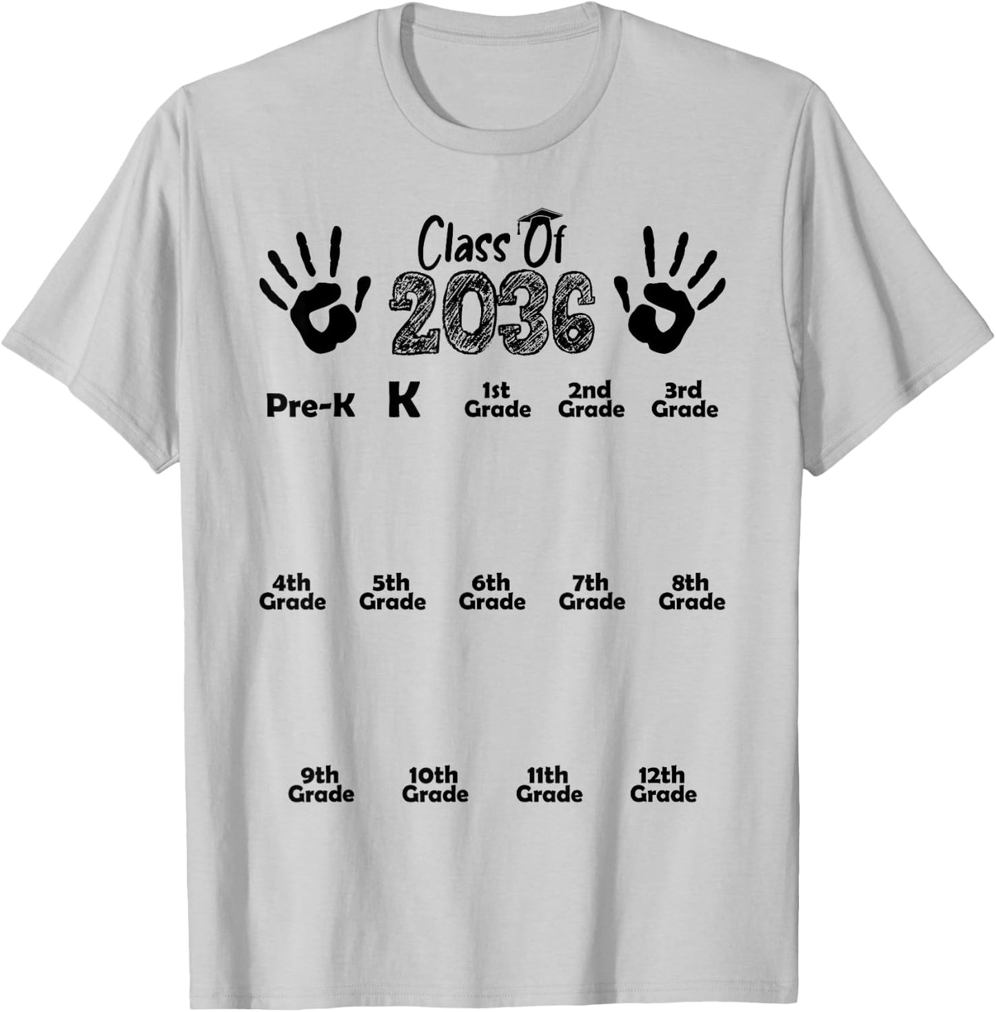 Class of 2036 Grow With Me White Handprint Pre-K 12th Grade T-Shirt - T-Shirt | Ash