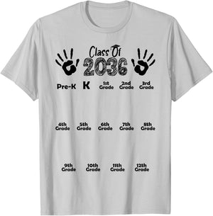 Class of 2036 Grow With Me White Handprint Pre-K 12th Grade T-Shirt - T-Shirt | Ash