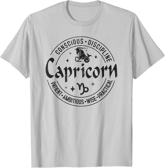 Capricorn Virtues Vintage Style Zodiac Design, Capricorn T-Shirt - T-Shirt | Ash