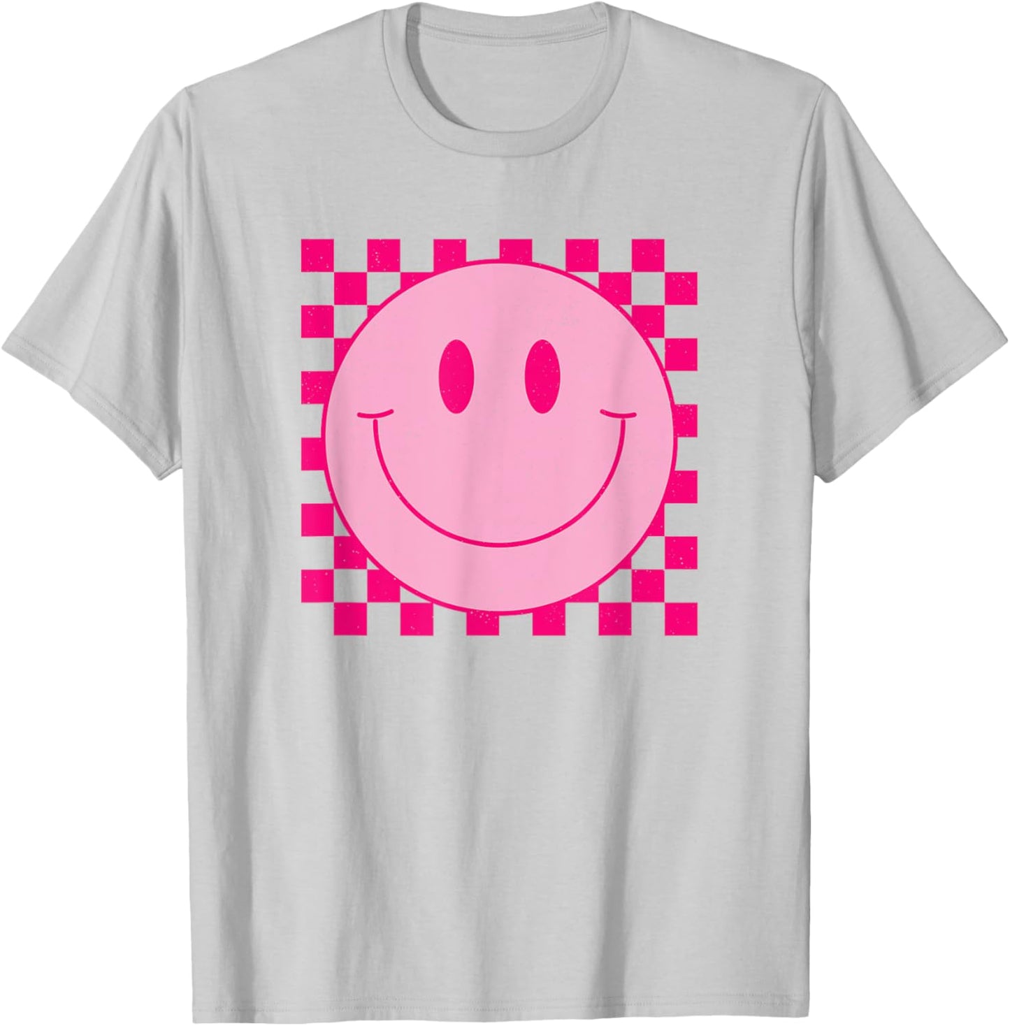 Vintage Pink Smile Face Cute Checkered Smiling Happy Face T-Shirt - T-Shirt | Ash