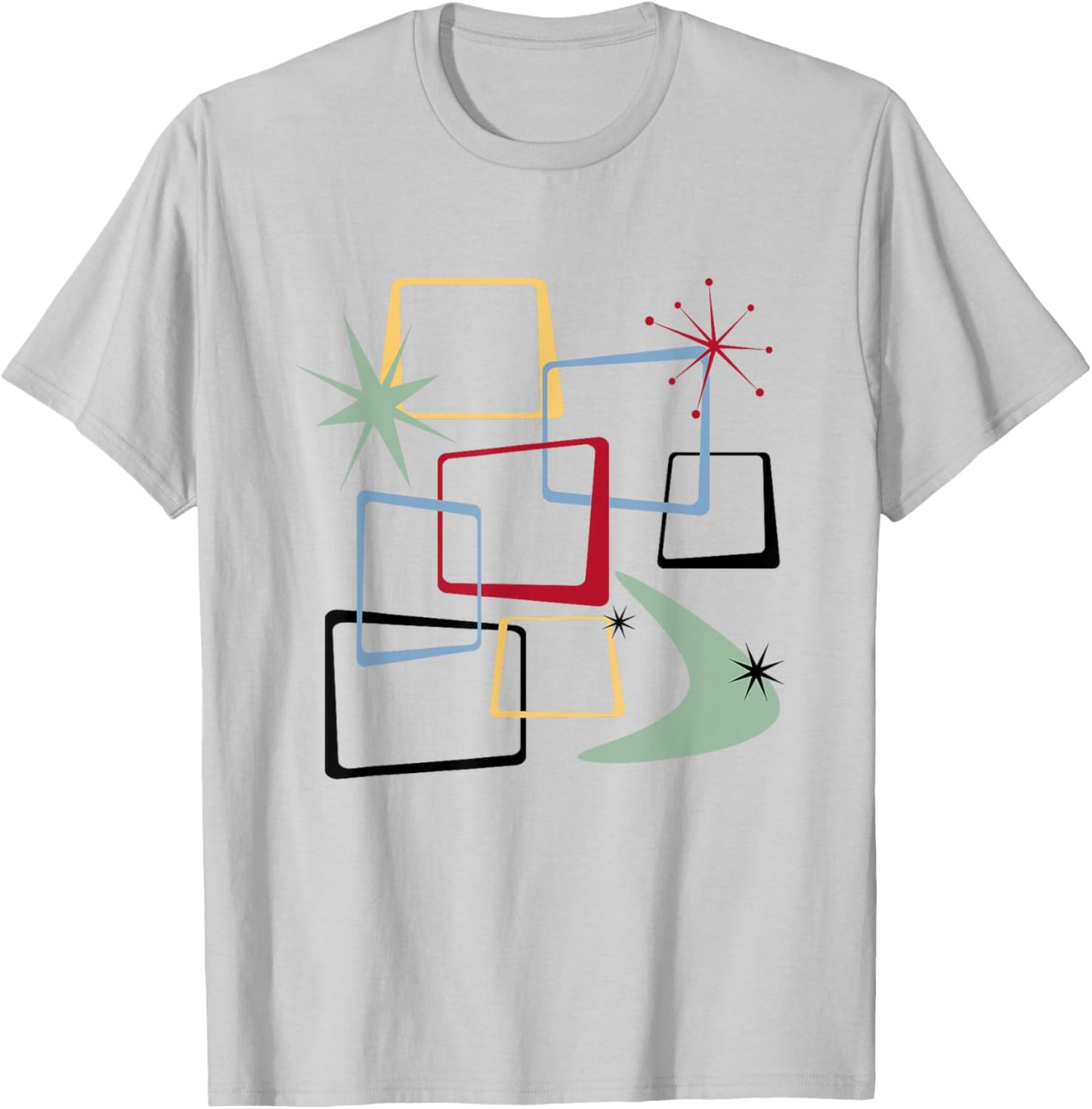 Retro Atomic Squares Stars And Boomerang Mid Century Modern T-Shirt - T-Shirt | Ash