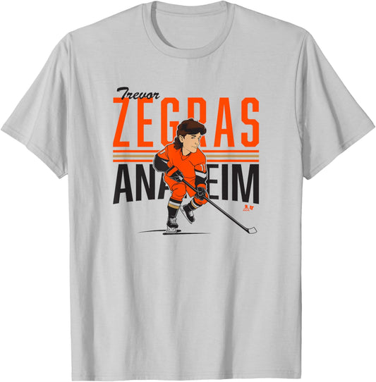 Trevor Zegras: Center Ice Caricature - Anaheim Hockey T-Shirt - T-Shirt | Ash