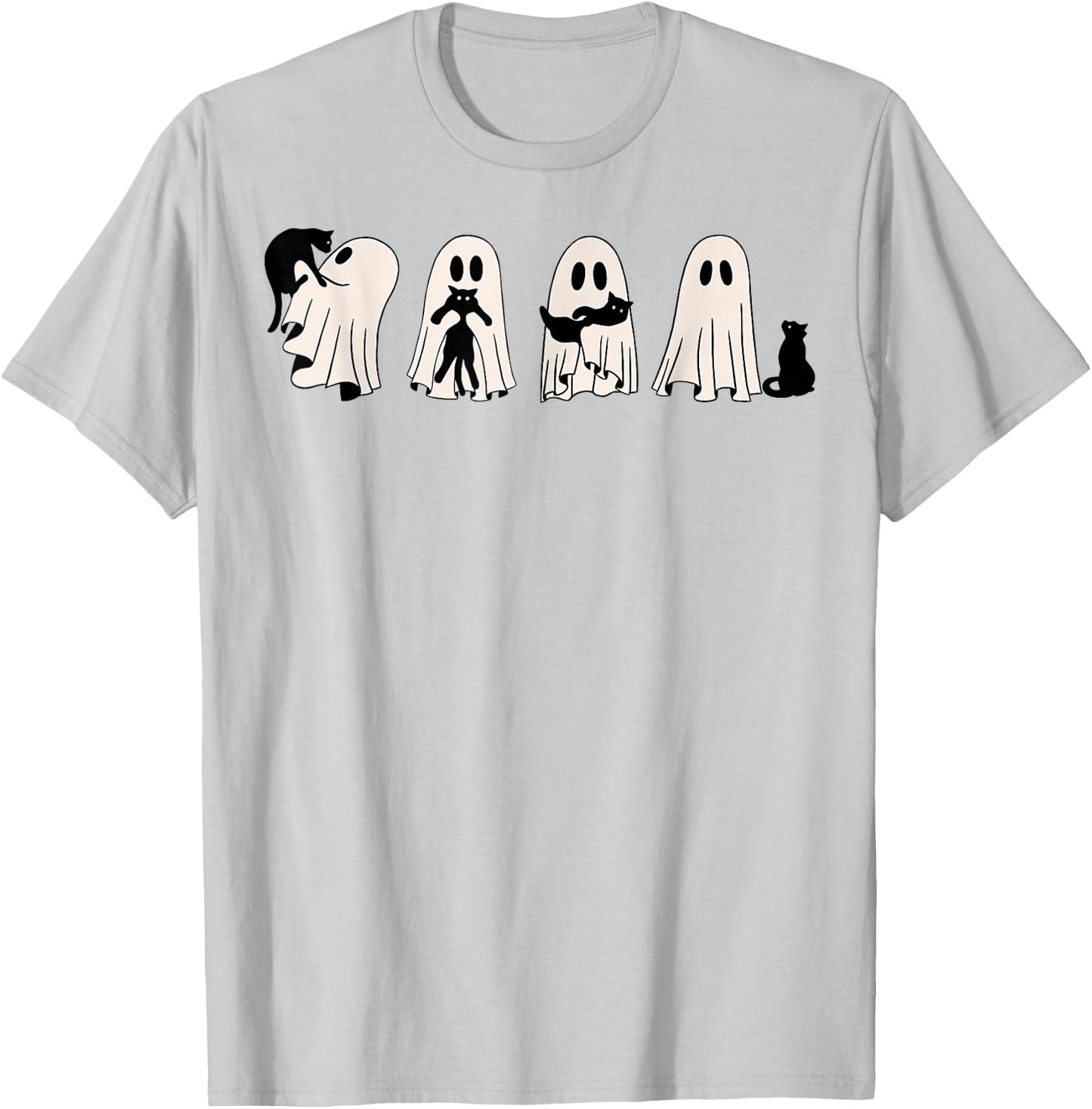 Ghost And Black Cat, Cute Ghost Holding Cat T-Shirt - T-Shirt | Ash