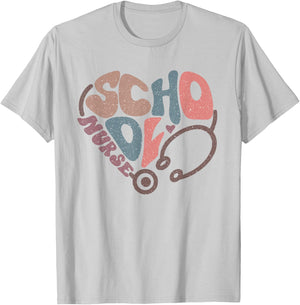 Groovy School Nurse Stethoscope Heart Nursing Nurse Day Week T-Shirt - T-Shirt | Ash