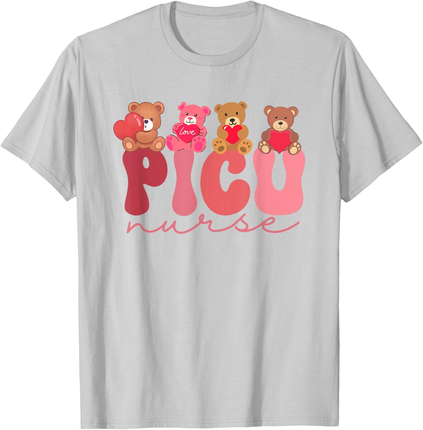 Women Valentine PICU Nurse Pediatrics Cute Bears Ped Rn Lpn T-Shirt - T-Shirt | Ash