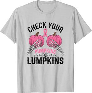 Check Your Pumpkins For Lumpkins Breast Cancer T-Shirt - T-Shirt | Ash