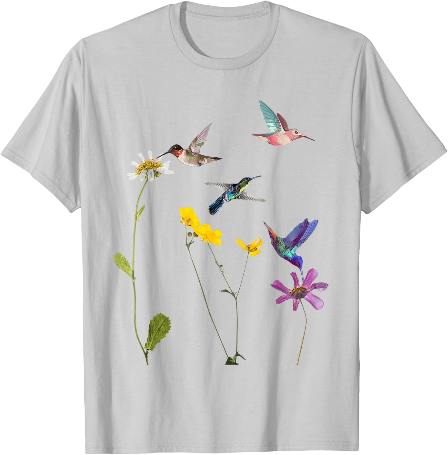 Hummingbird and Flowers T-Shirt - T-Shirt | Ash