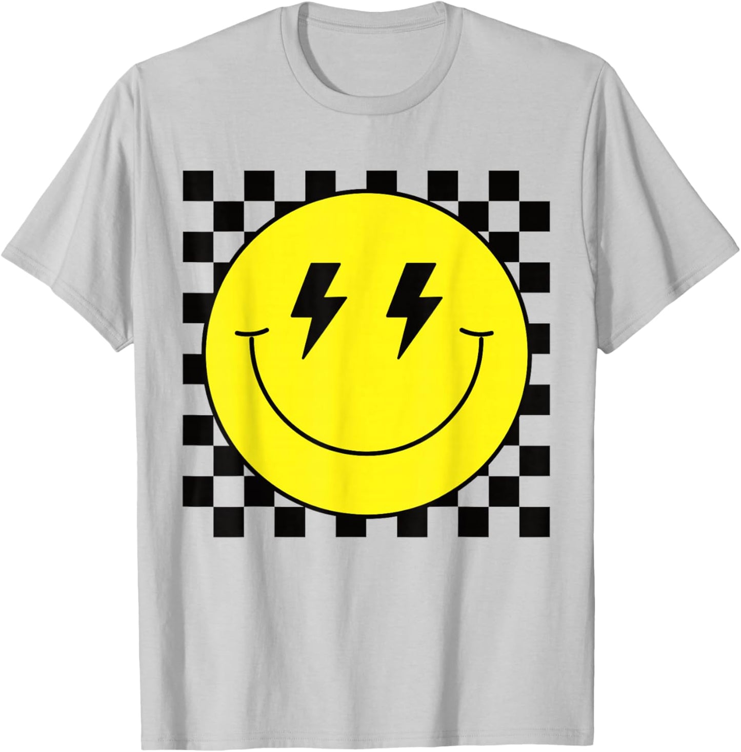 Checkered Lightning Eyes Yellow Smile Face Shirt Happy Face T-Shirt - T-Shirt | Ash