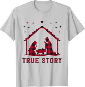 Red Plaid True Story of Jesus Birth Nativity Christmas Gift T-Shirt - T-Shirt | Ash