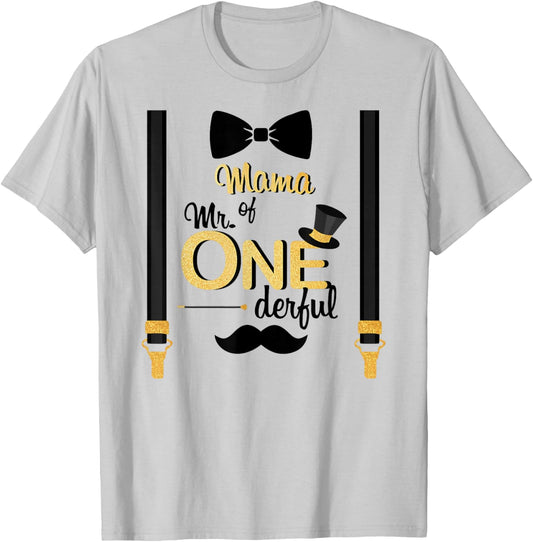 Mama Of Mr One-derful Party Gold-Black Mustache 1st Birthday T-Shirt - T-Shirt | Ash