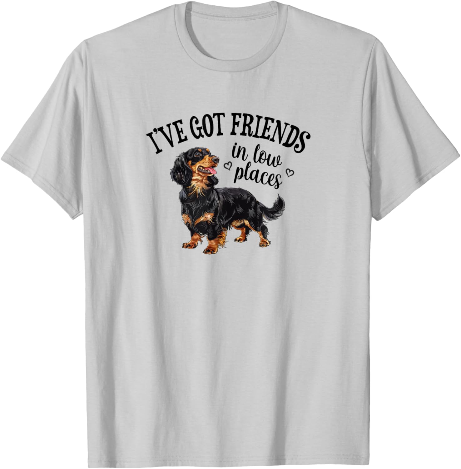 Funny Friends Low Places Black Long Haired Dachshund Lover T-Shirt - T-Shirt | Ash
