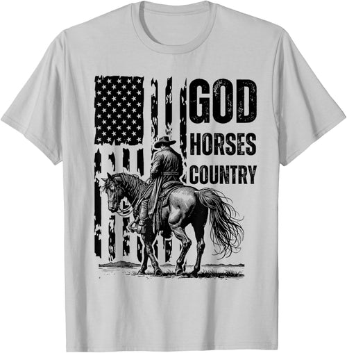 God Horses Country Christian Cowboy & American Patriot - -Adults, Grey, Small, Short Sleeve