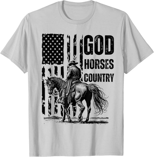 God Horses Country Christian Cowboy & American Patriot - -Adults, Grey, Small, Short Sleeve T-Shirt - T-Shirt | Ash