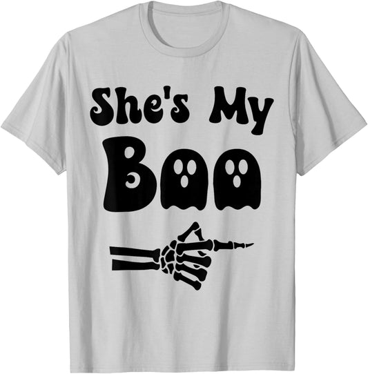 She's My Boo Matching Halloween Pajama Couples He's My Boo T-Shirt - T-Shirt | Ash