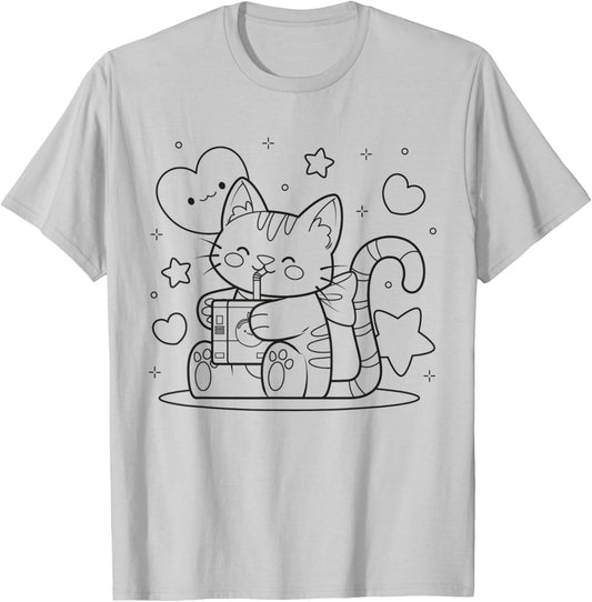 Cat drinking iced tea to paint and color T-Shirt - T-Shirt | Ash