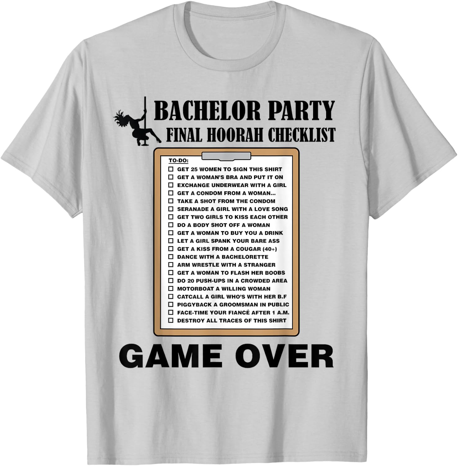 Bachelor Party Checklist Funny Challenge for Grooms T-Shirt - T-Shirt | Ash