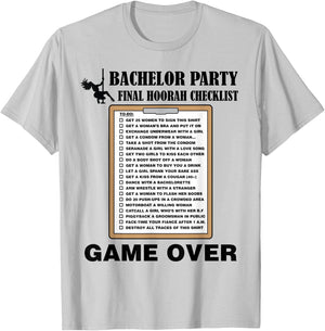 Bachelor Party Checklist Funny Challenge for Grooms T-Shirt - T-Shirt | Ash