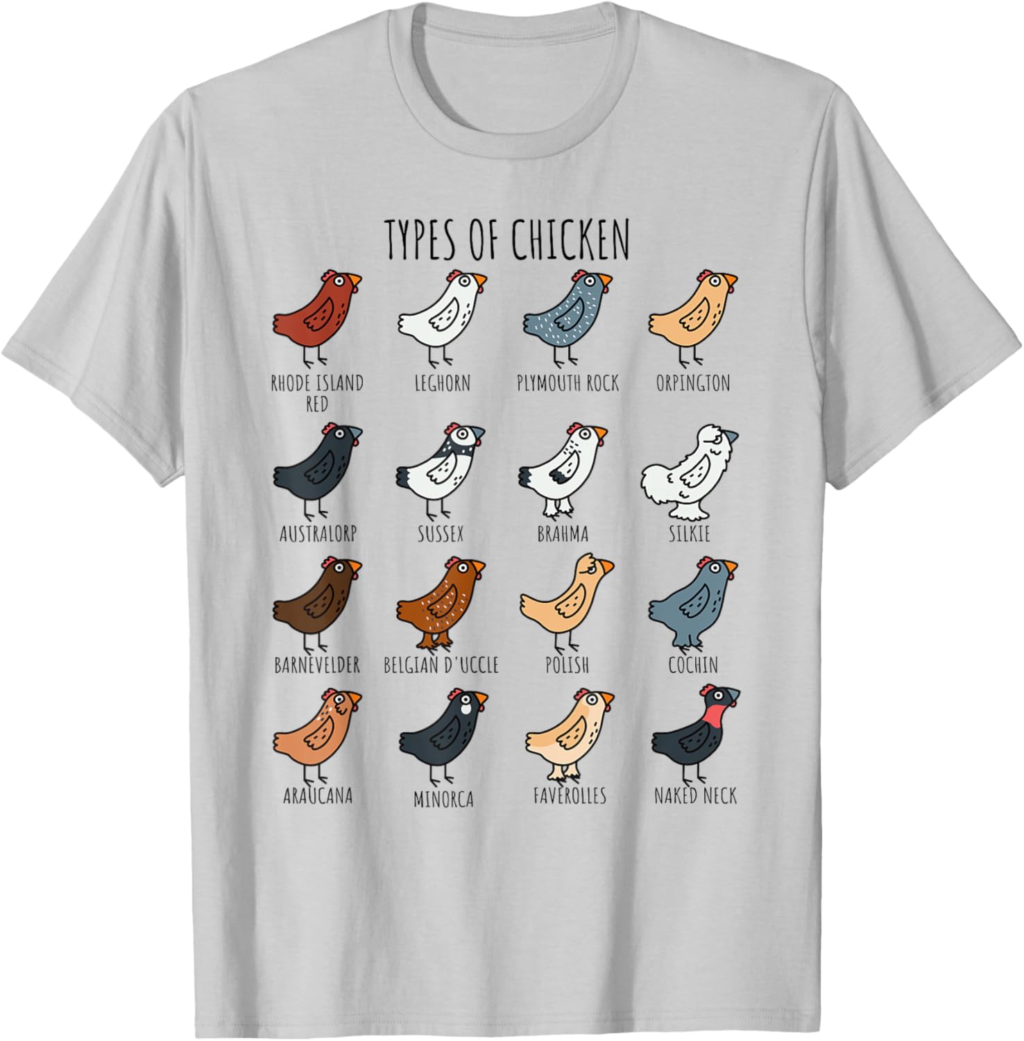 Cute Types of Chicken Lady Leghorn Silkie Cochin Minorca T-Shirt - T-Shirt | Ash