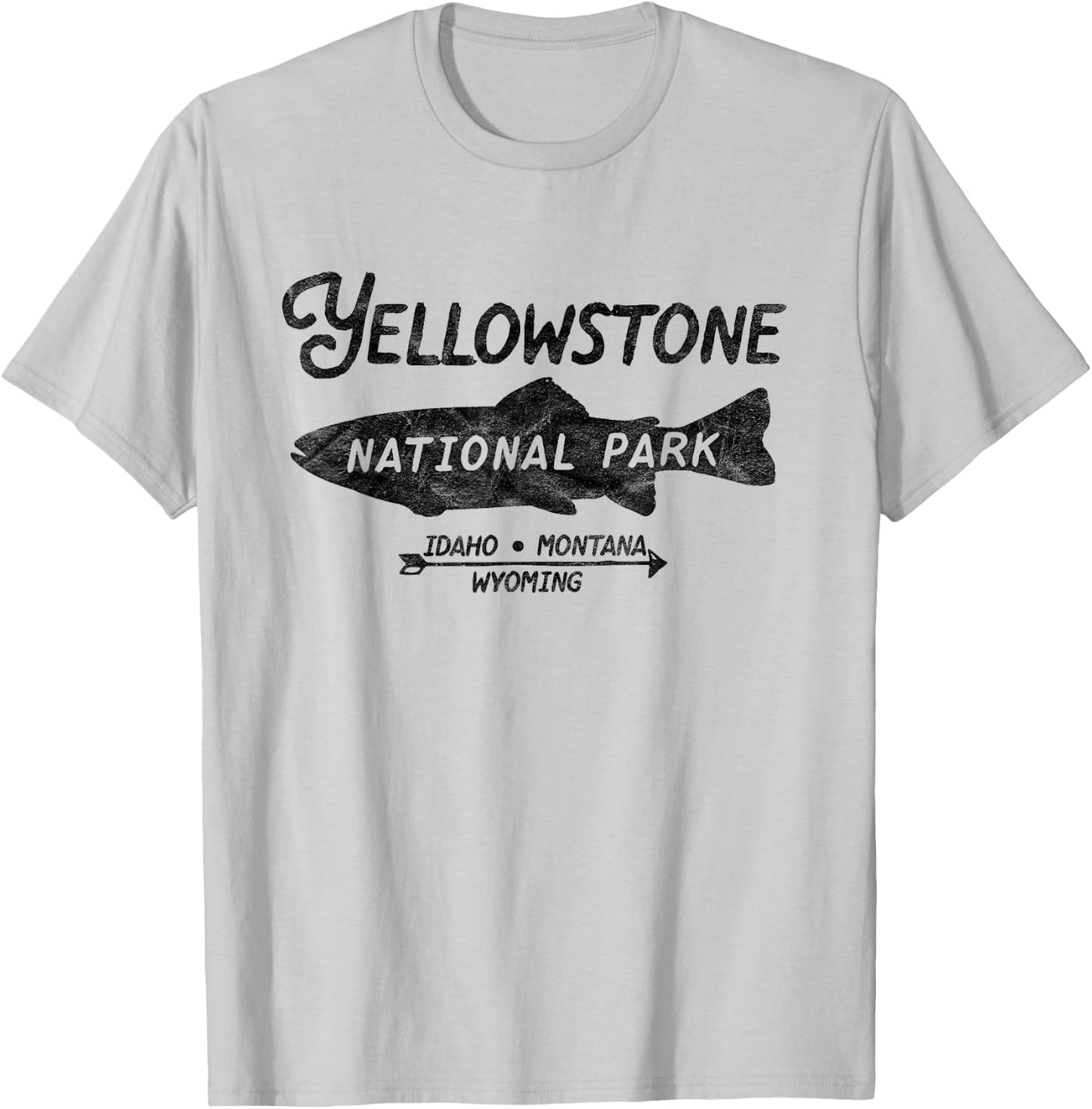 Yellowstone National Park Retro Trout Fishing Graphic T-Shirt - T-Shirt | Ash