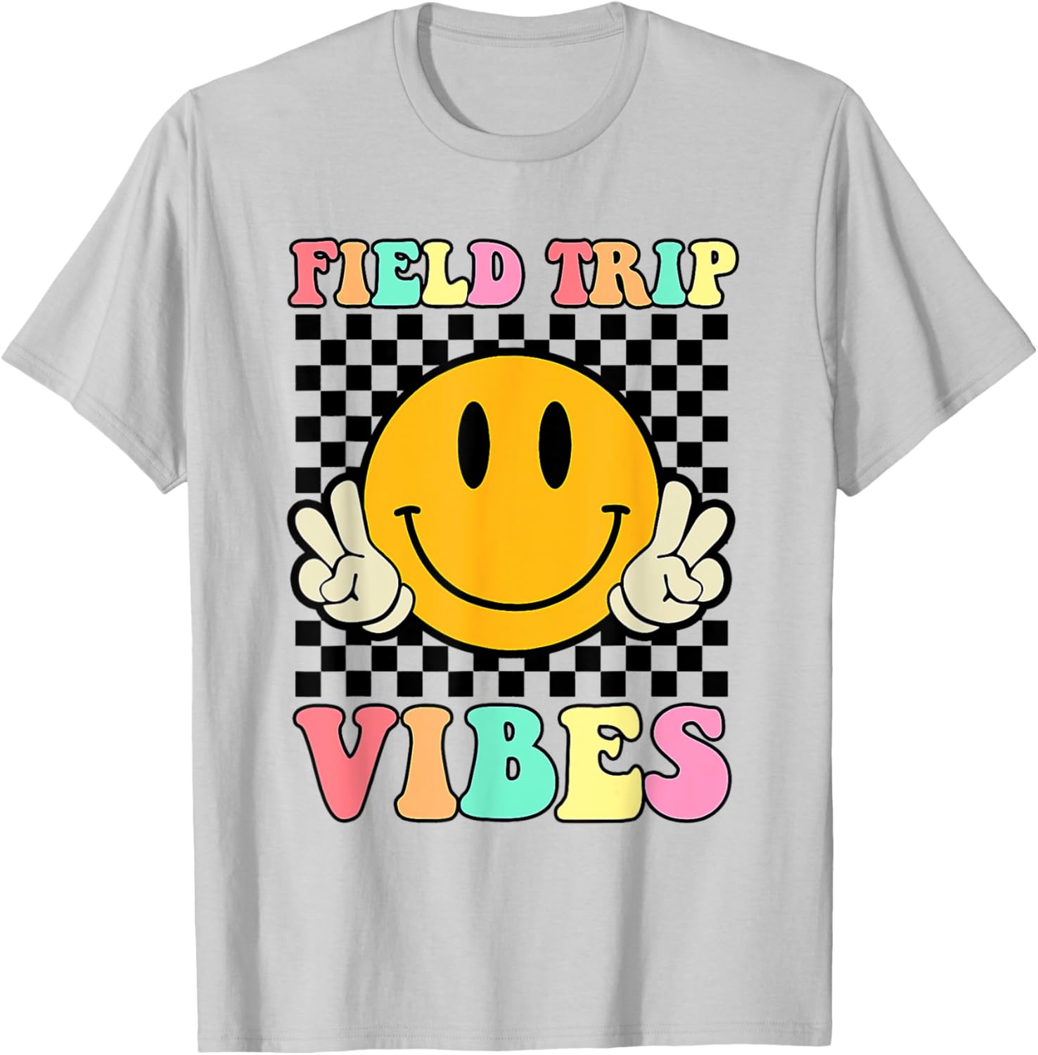Field Trip Vibes Face Smile Retro Groovy Field Day 2024 T-Shirt - T-Shirt | Ash