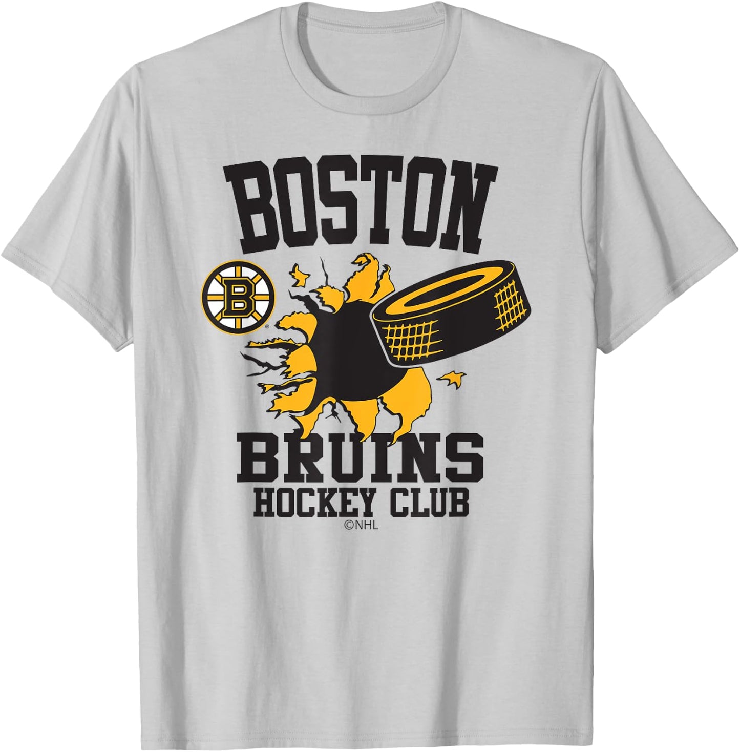 Boston Bruins Hockey Puck Burst Gray Officially Licensed T-Shirt - T-Shirt | Ash