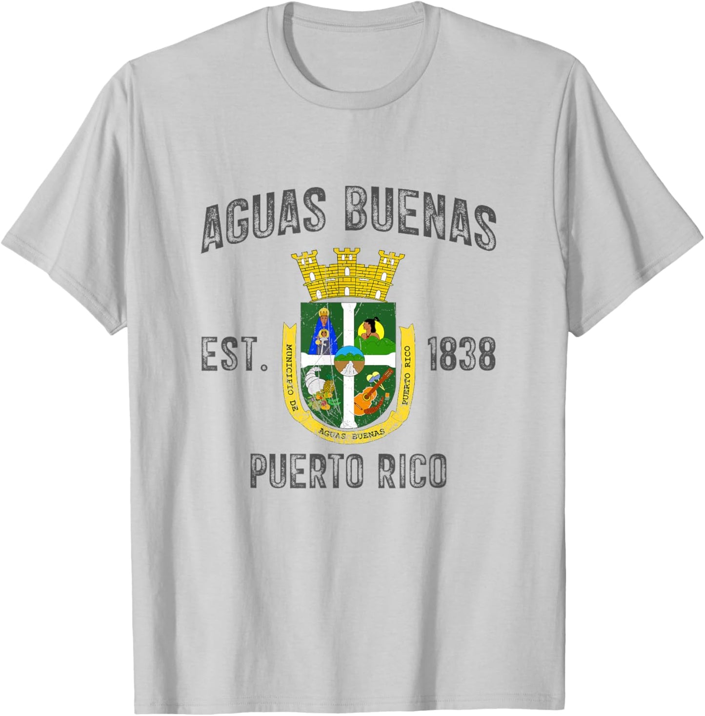 Vintage Aguas Buenas EST.1838 Puerto Rico Flag Design T-Shirt - T-Shirt | Ash