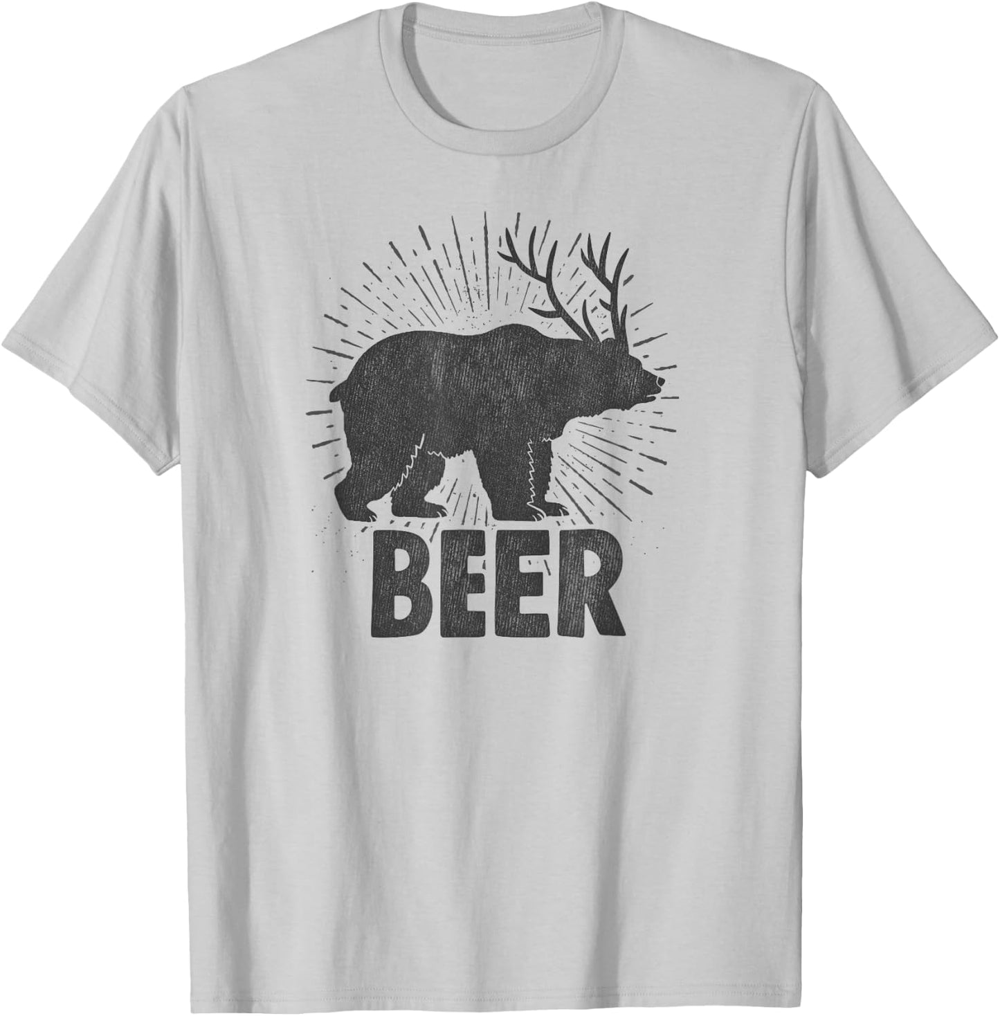 Funny Beer Drinking Design Bear, Deer Combination Distressed T-Shirt - T-Shirt | Ash