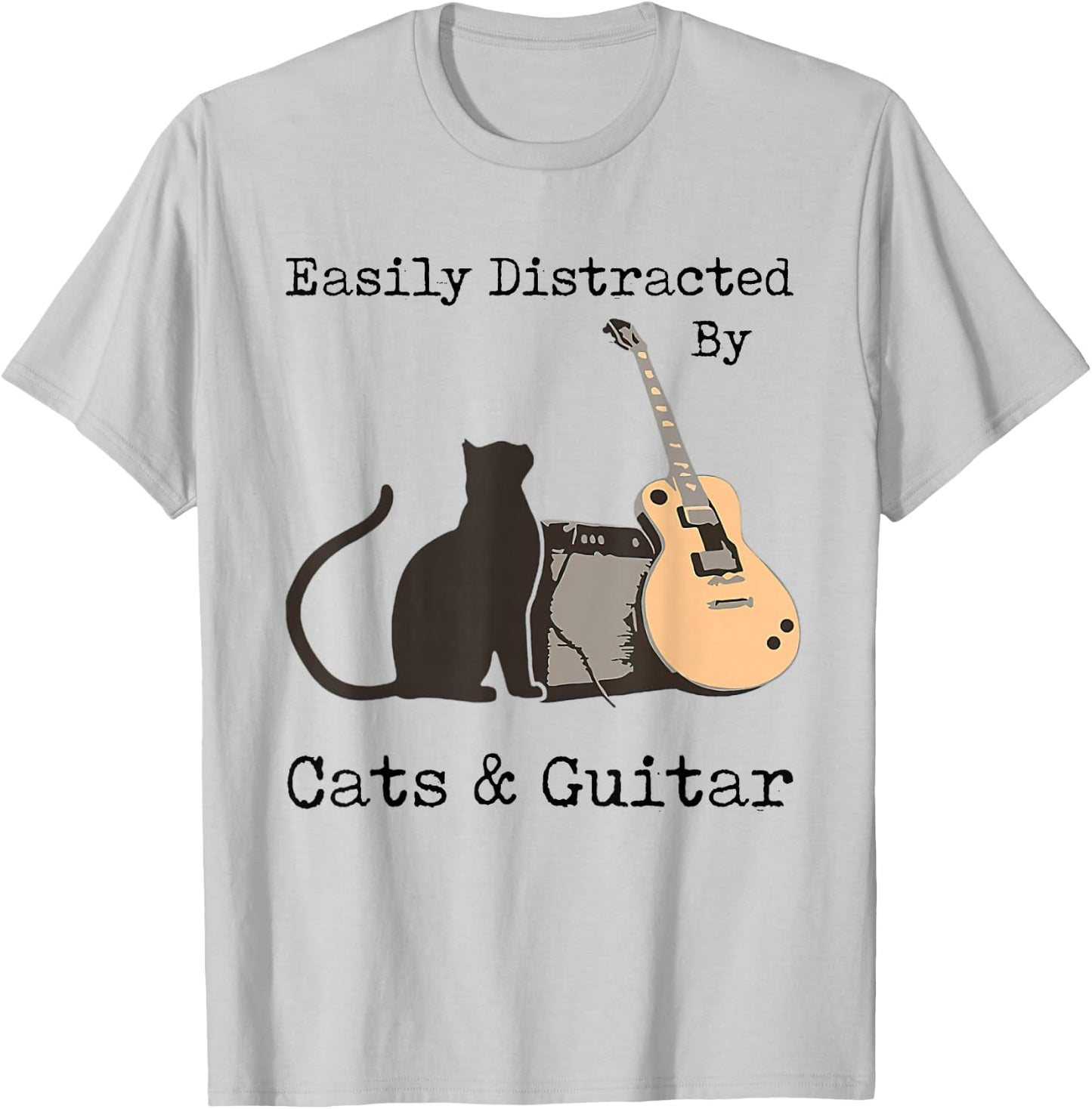 Easily Distracted By Cats And Guitar Gifts Cats Guitar Lover T-Shirt - T-Shirt | Ash