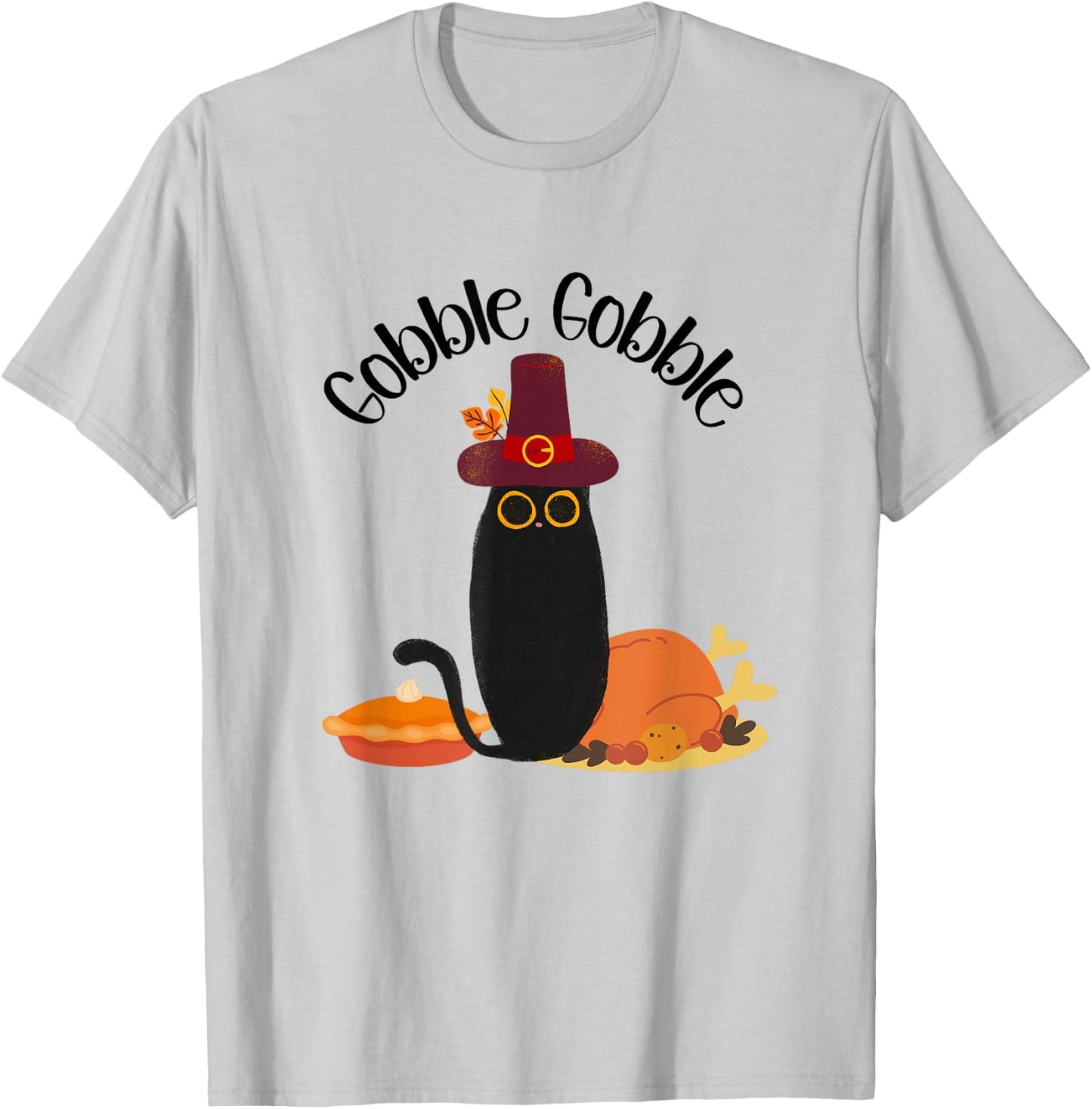 Thanksgiving Black Cat Gobble Gobble Cat Men Women Kids T-Shirt - T-Shirt | Ash