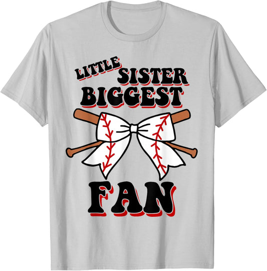 Toddler Little Sister Biggest Fan Cute Baseball Baby Girl T-Shirt - T-Shirt | Ash