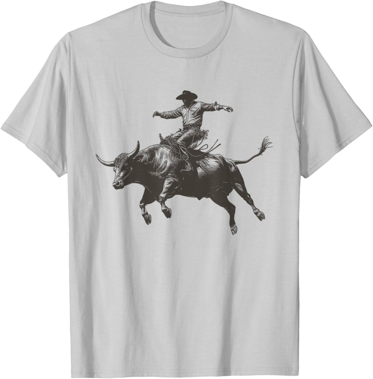 Vintage Cowboy Festival Country Music Concert Grey Cowboy Riding Bull - -Adults & Kids - Short Sleeve - Classic Fit - - Small T-Shirt - T-Shirt | Ash