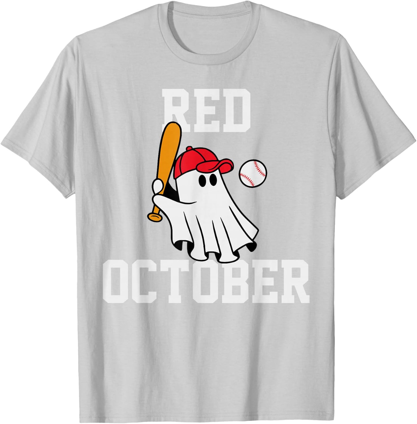 Funny Red October Halloween Ghost Playing Baseball Women Men T-Shirt - T-Shirt | Ash