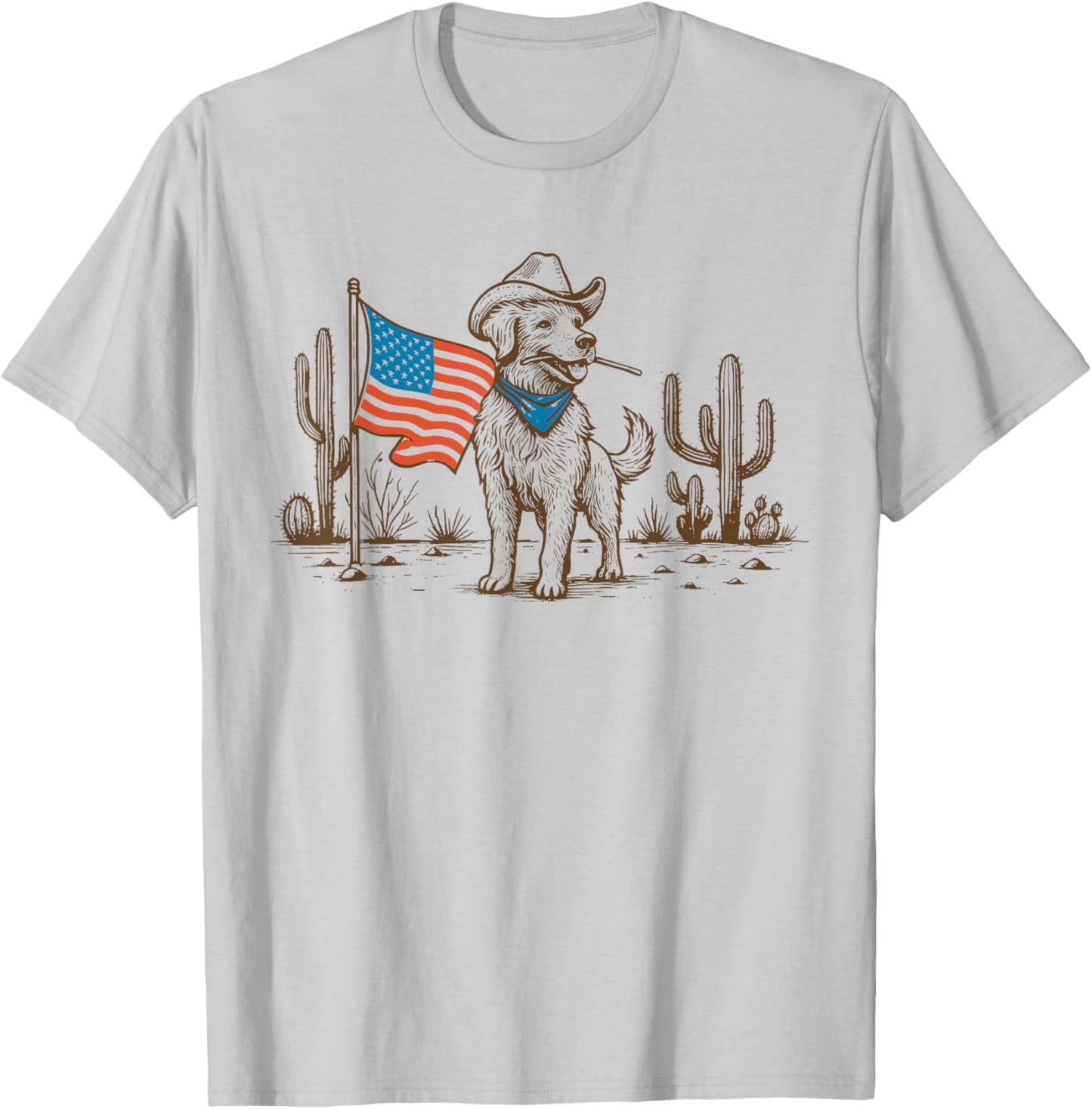 Retro Western Patriotic Cowboy Dog American Flag 4th of July T-Shirt - T-Shirt | Ash