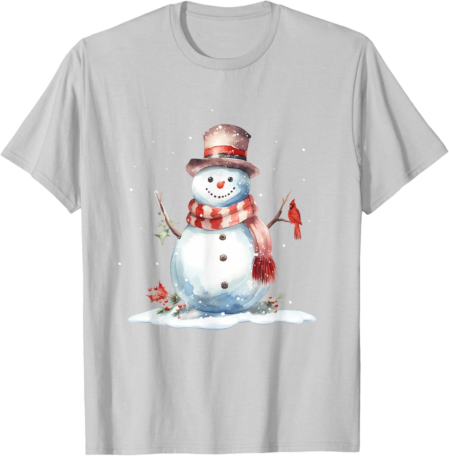 Cardinal Bird on Cute Winter Christmas Snowman, watercolor T-Shirt - T-Shirt | Ash