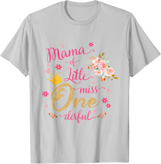 Mama Of Little Ms One-derful Party Pink-Gold 1st Birthday T-Shirt - T-Shirt | Ash