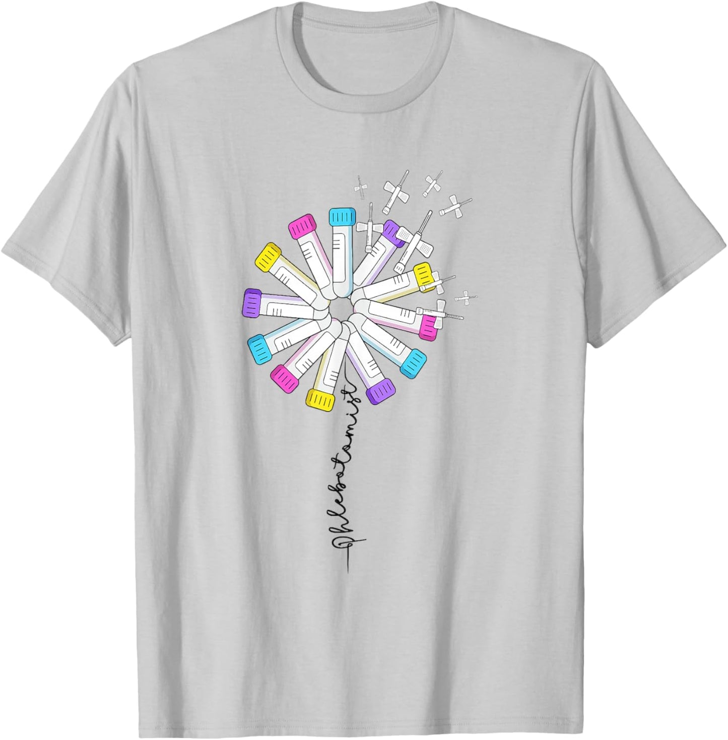 Phlebotomist Nurse Dandelion Butterflies Needle Rainbow T-Shirt - T-Shirt | Ash